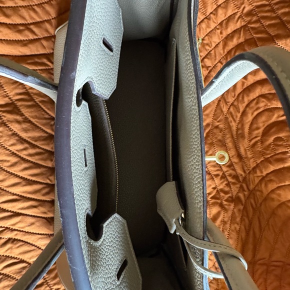 Tan Genuine Leather, Birkin-Inspired Tote with Gold Lock - Picture 5 of 12